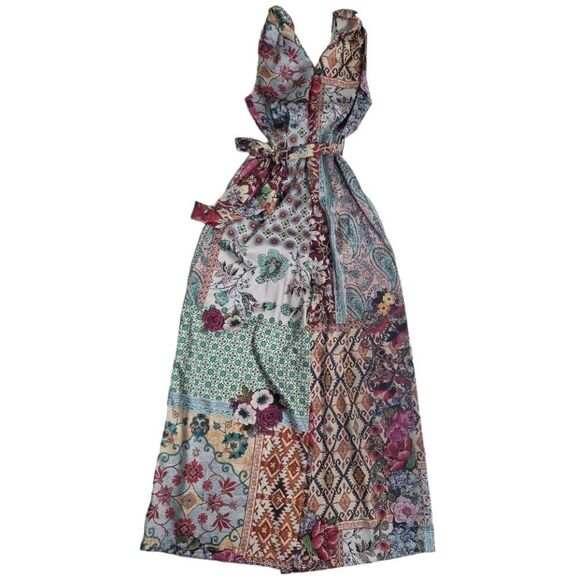 ZARA Paparazzi Patchwork Floral Geometric Belted Multicolor Jumpsuit Size S - Picture 4 of 12